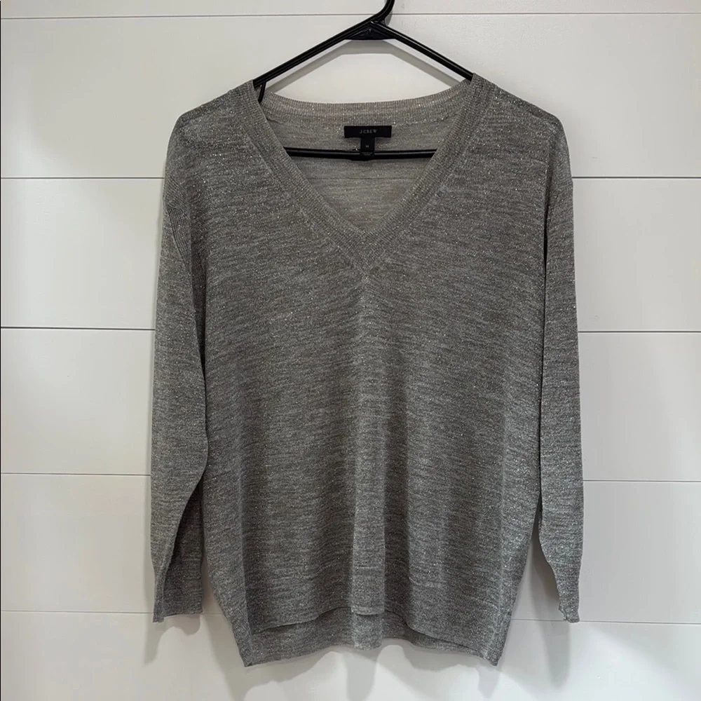 J. Crew Metallic Silver Gray V-Neck Lightweight Sweater Shirt Top Size Medium